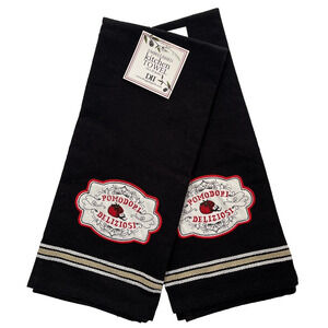 DII Kitchen Towels Black Embellished Italian 18x28 inch Set of 2 Cotton